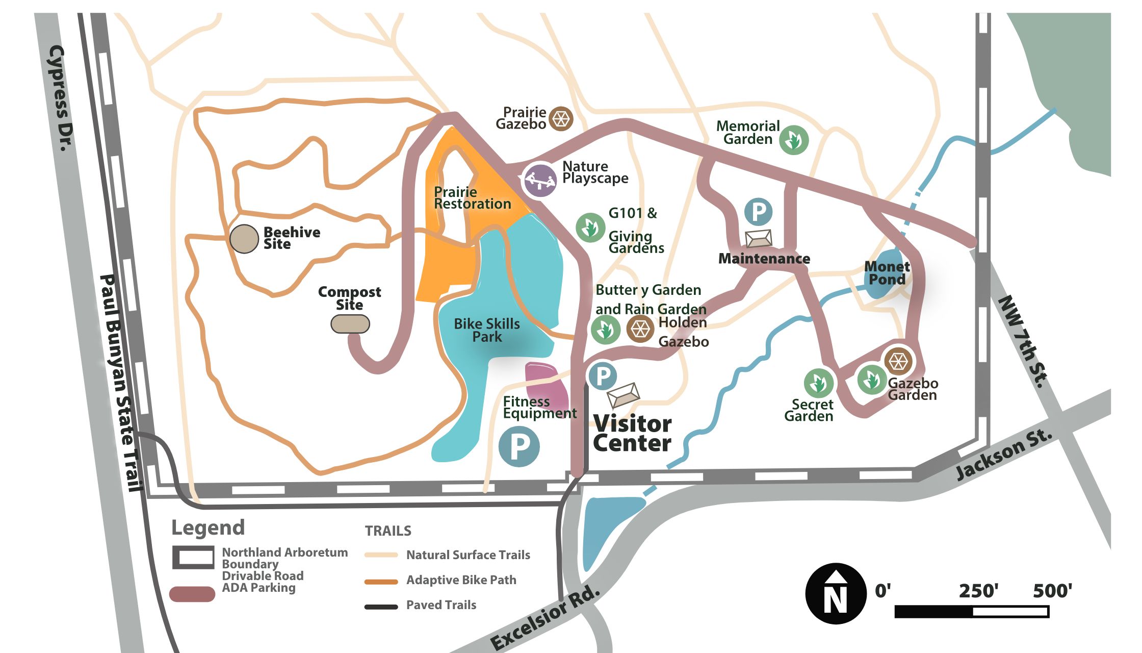 A map of Northland Arboretum.