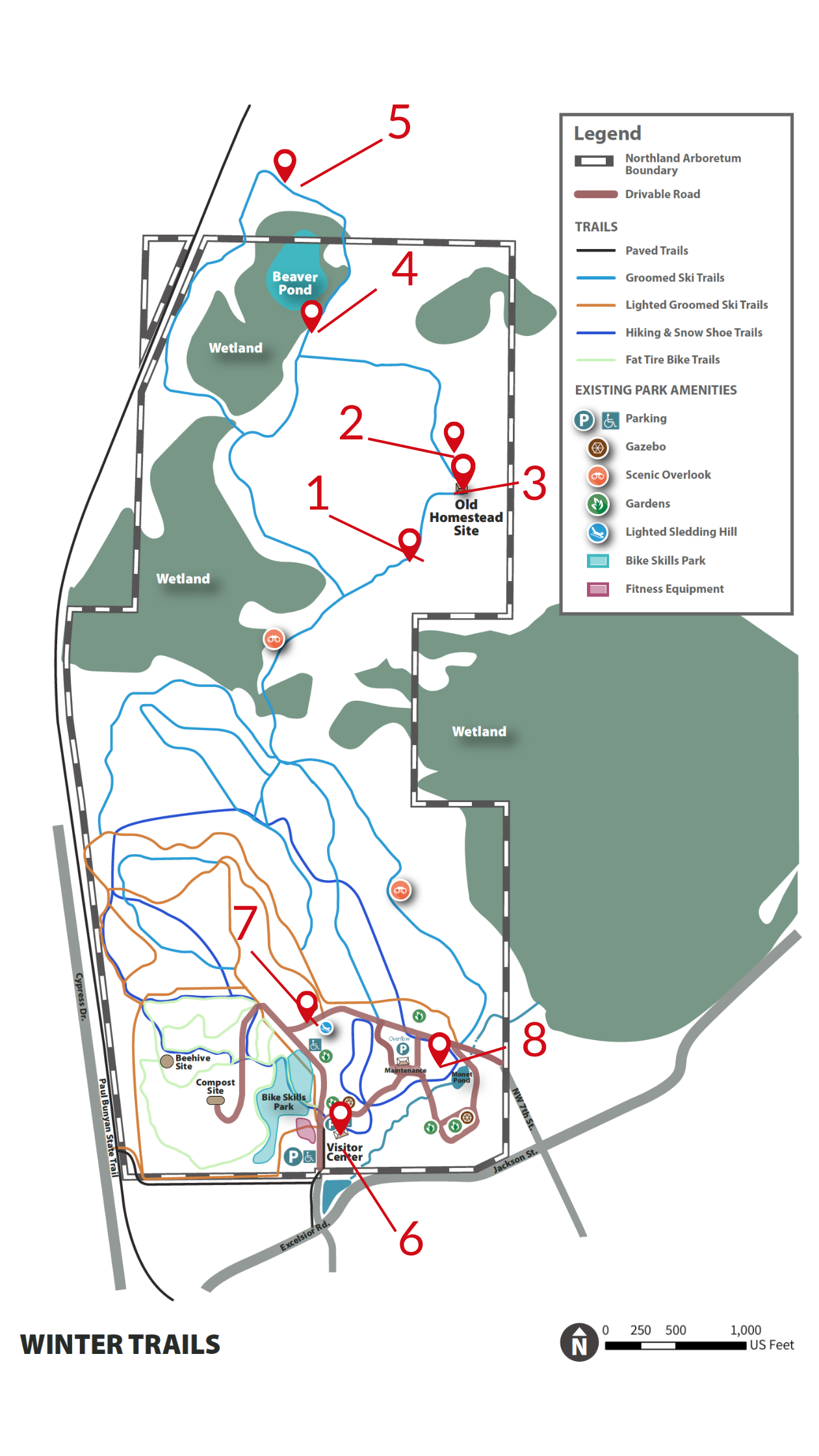 Winter trails map with pins.